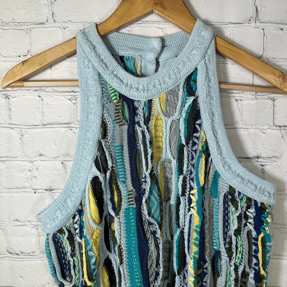 Coogi Austrailia 3D Knit Sweater Dress Top Blue Yellow Textured Sleeveless - Picture 2 of 14